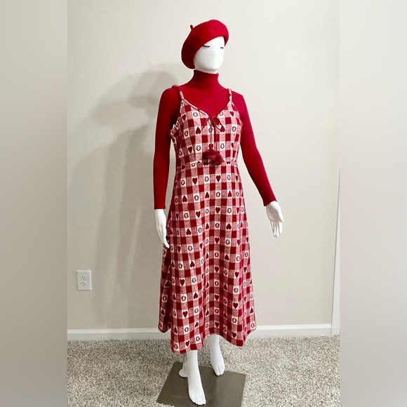 White & Red Checkered Heart Pattern Pom-Pom Front Tie Wool Blend Midi Dress M/L - Picture 8 of 13